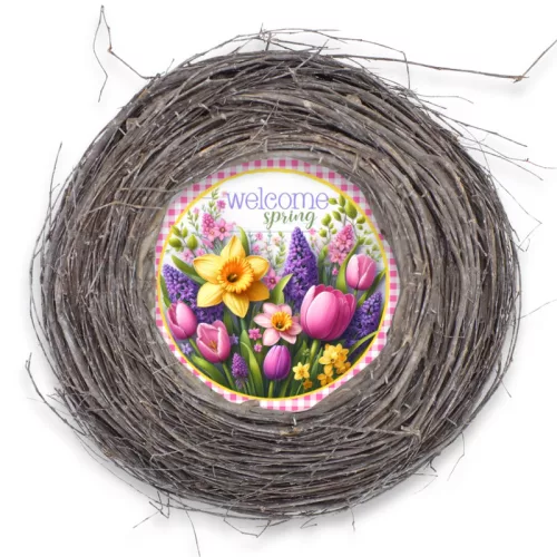 Nyomtatott fa tábla koszorú közép - Welcome Spring 11,8cm