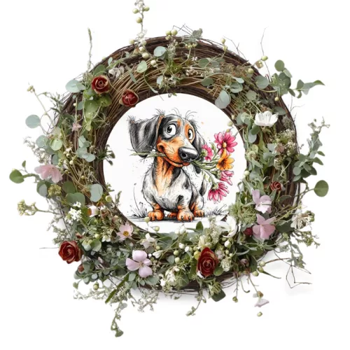  Nyomtatott fa tábla koszorú közép - Tacsis tavasz 11,8cm