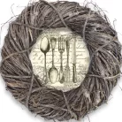  Nyomtatott fa tábla koszorú közép - Vintage evőeszköz 11,8cm