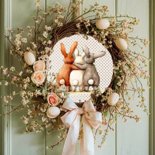 Nyomtatott fa tábla koszorú közép - Nyuszi barátok 11,8cm