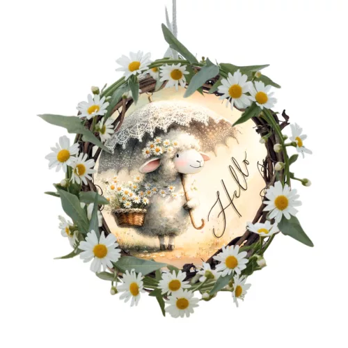 Nyomtatott fa tábla - Hello bárányos 11,8cm