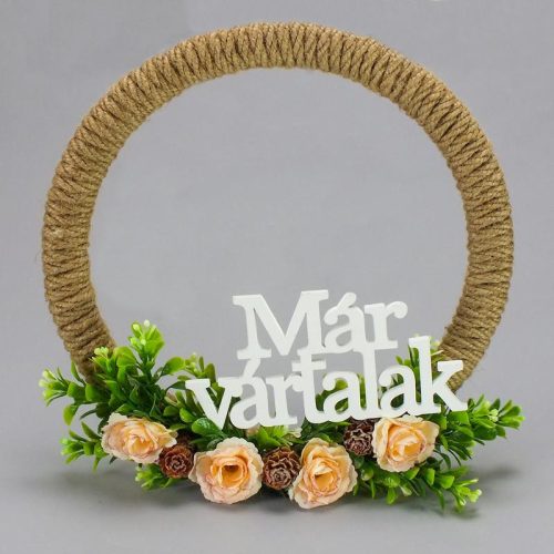 Fa "Már vártalak" felirat koszorúra fehér 7x14cm 3db/csomag