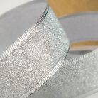 Karácsonyi szalag glitteres - ezüst, drótos szegéllyel