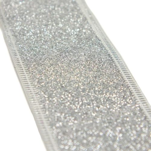 Karácsonyi szalag glitteres - ezüst, drótos szegéllyel