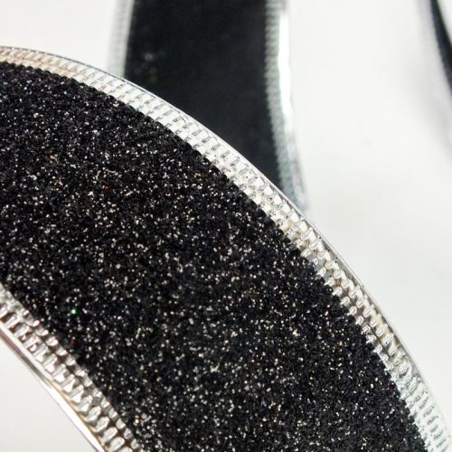 Karácsonyi szalag glitteres - fekete, drótos szegéllyel