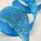 Karácsonyi szalag glitteres - kék, drótos szegéllyel