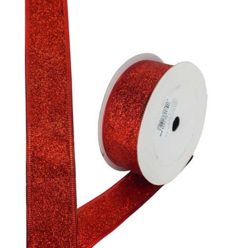 Karácsonyi szalag glitteres - piros, drótos szegéllyel