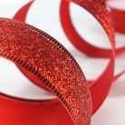 Karácsonyi szalag glitteres - piros, drótos szegéllyel