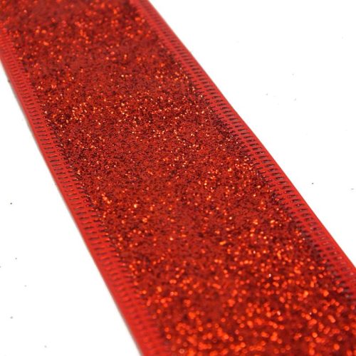 Karácsonyi szalag glitteres - piros, drótos szegéllyel