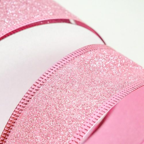Karácsonyi szalag glitteres - rózsaszín, drótos szegéllyel