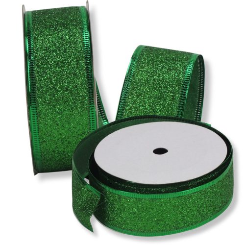 Karácsonyi szalag glitteres - zöld drótos szegéllyel