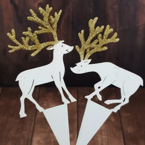 Natúr fa - Beszúrós szarvas pár 2db/cs fehér-arany csillámos