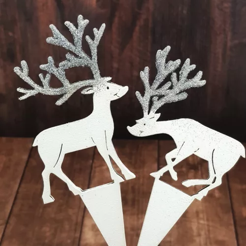 Natúr fa - Beszúrós szarvas pár 2db/cs fehér-ezüst csillámos