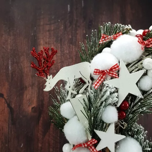 Natúr fa - Beszúrós szarvas pár 2db/cs fehér-piros csillámos