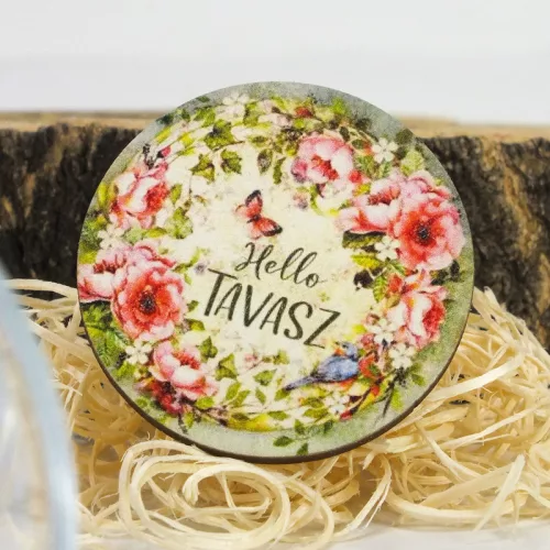Nyomtatott fa tábla - Hello tavasz - lepkés, kör 1db