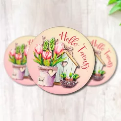   Nyomtatott fa tábla - Hello Tavasz - tulipános, kör 3db/cs
