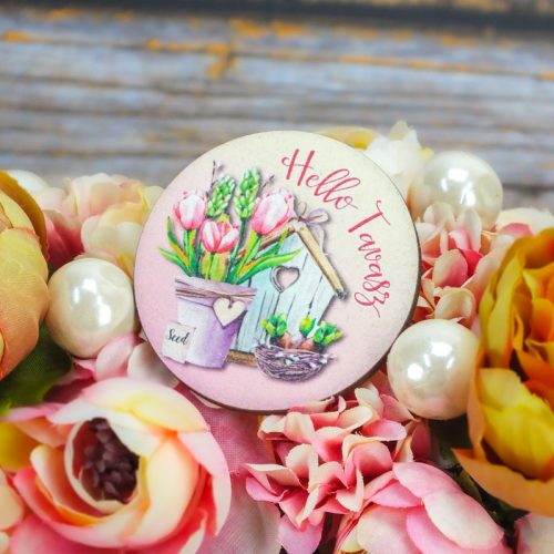 Nyomtatott fa tábla - Hello Tavasz - tulipános, kör 1db