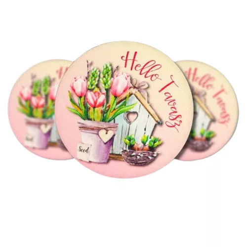 Nyomtatott fa tábla - Hello Tavasz - tulipános, kör 3db/cs
