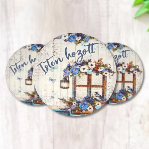 Nyomtatott fa tábla - Isten Hozott - kék, kör 3db/cs