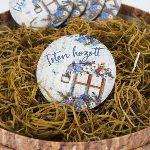 Nyomtatott fa tábla - Isten Hozott - kék, kör 1db