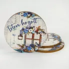 Nyomtatott fa tábla - Isten Hozott - kék, kör 3db/cs