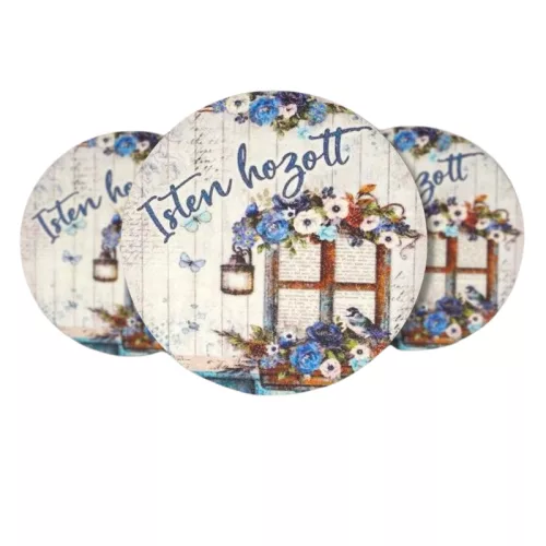 Nyomtatott fa tábla - Isten Hozott - kék, kör 3db/cs