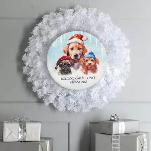 Nyomtatott fa tábla koszorú közép - Boldog karácsonyt kutyusos 14,8cm