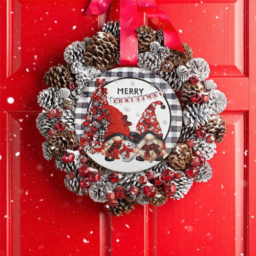 Nyomtatott fa tábla koszorú közép - Merry Christmas manós 14,8cm