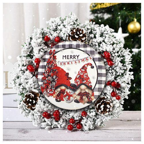 Nyomtatott fa tábla koszorú közép - Merry Christmas manós 14,8cm