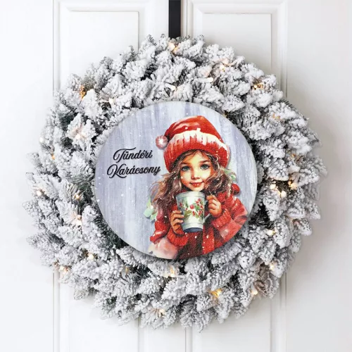 Nyomtatott fa tábla koszorú közép - Tündéri karácsony kislány 14,8cm