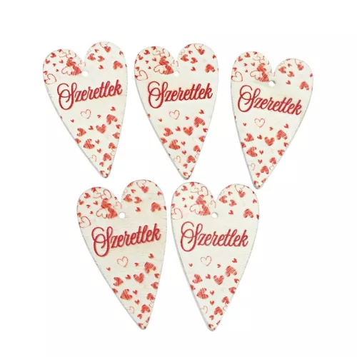 Nyomtatott fa tábla - Szeretlek szív 6cm fehér 5db