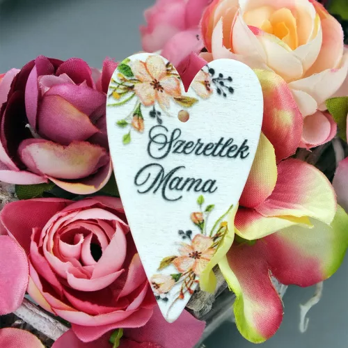 Nyomtatott fa tábla -Szeretlek mama szív 6cm 5db