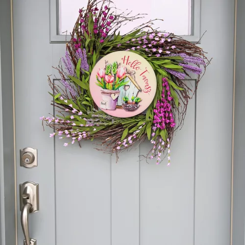 Nyomtatott fa tábla koszorú közép - Hello Tavasz - tulipános 11,8