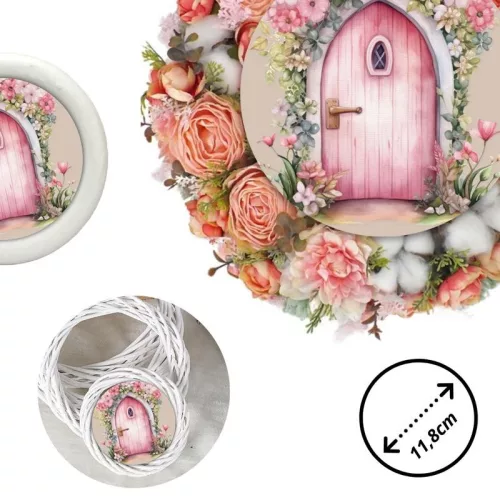 Nyomtatott fa tábla koszorú közép - Tündérajtó rózsaszín 11,8