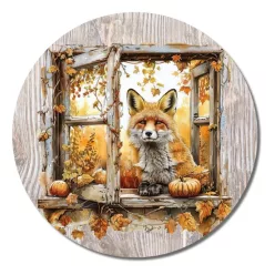   Nyomtatott fa tábla koszorú közép - Őszi ablak róka 11,8cm