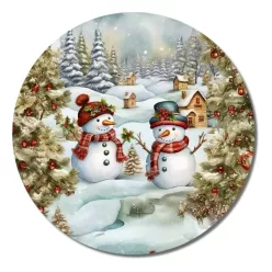   Nyomtatott fa tábla koszorú közép - Hóemberek téli táj 11,8cm