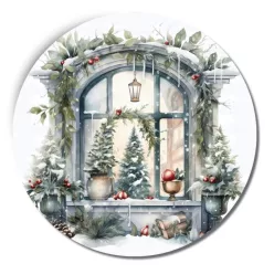   Nyomtatott fa tábla koszorú közép - Karácsonyi ablak grincsfa 11,8cm