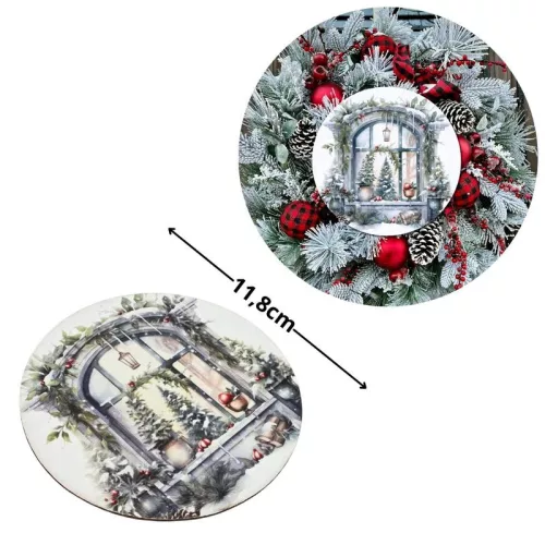 Nyomtatott fa tábla koszorú közép - Karácsonyi ablak grincsfa 11,8cm
