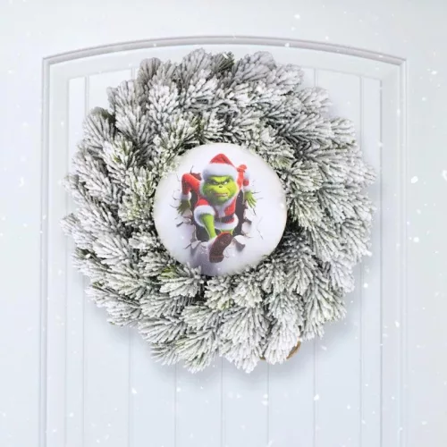 Nyomtatott fa tábla koszorú közép - Faltörő grincs 11,8cm