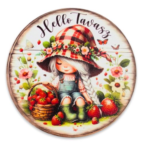 Nyomtatott fa tábla - Hello tavasz kislány koszorú közép 11,8cm