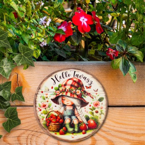 Nyomtatott fa tábla - Hello tavasz kislány koszorú közép 11,8cm