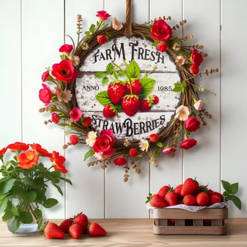 Nyomtatott fa tábla - Eper farm koszorú közép 11,8cm