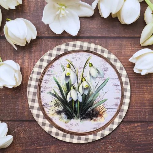 Nyomtatott fa tábla - Hóvirágok retró koszorú közép 11,8cm