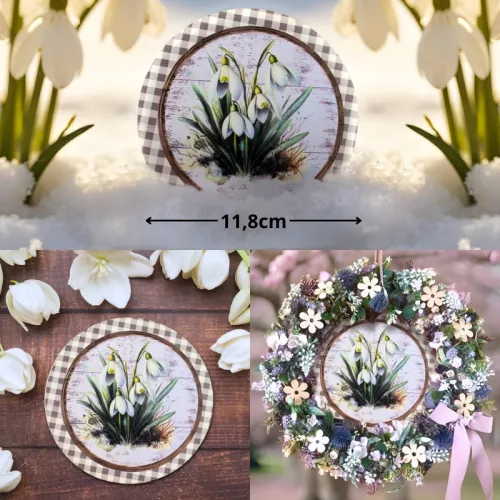 Nyomtatott fa tábla - Hóvirágok retró koszorú közép 11,8cm