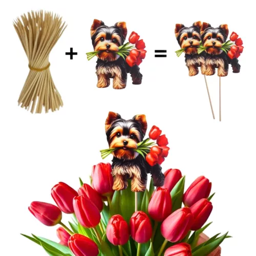 Nyomtatott dekorkarton - Yorkshire kutya virágcsokorral 2db/cs