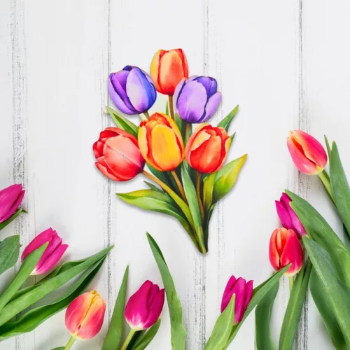 Nyomtatott dekorkarton - 6 szálas színes tulipáncsokor 1db