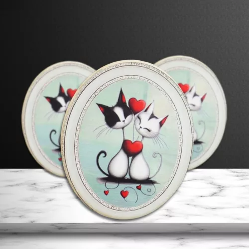 Nyomtatott dekorkarton - Valentin napi szerelmes cicák ovál tábla 3db/cs