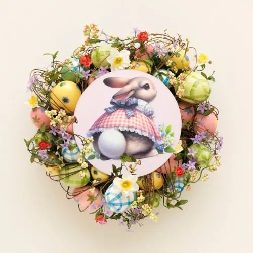 Nyomtatott fa tábla - Kerti nyuszi popi koszorú közép 11,8cm