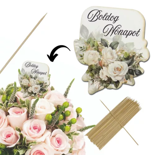 Nyomtatott dekorkarton - Boldog nőnapot virágos tábla - fehér 4db/csomag