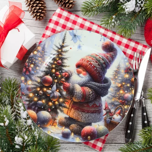 Műanyag kerek tálca Karácsonyfát díszítő manó 33cm